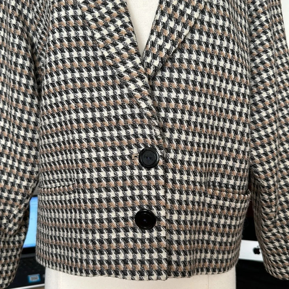 DAVID MERYL Vintage 80s Wool Blazer Jacket Houndstooth‎ Academia Cropped, Size 6 - Picture 6 of 15